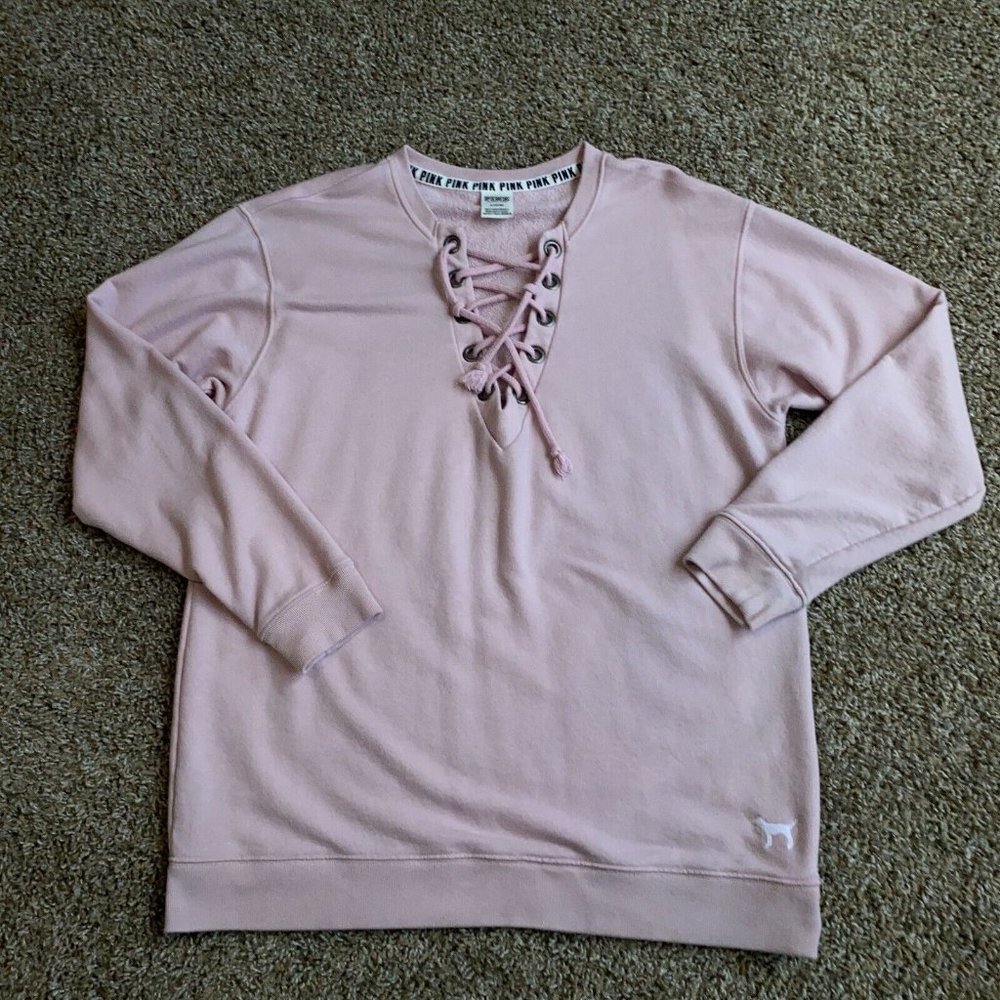 PINK Sweater Womens Medium Pink Pullover Drawstring Long Sleeve V-neck Casual